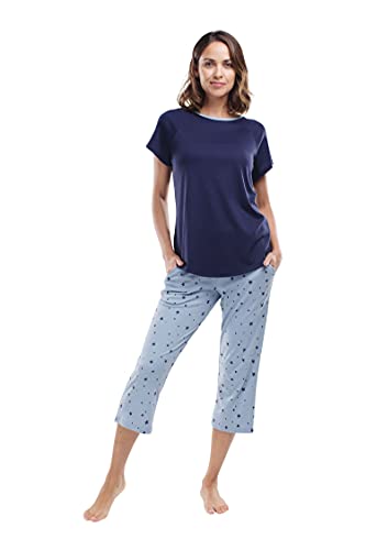 jijamas Incredibly Soft Pima Cotton Women's Pajamas Set, Capri - Blue Stars - M
