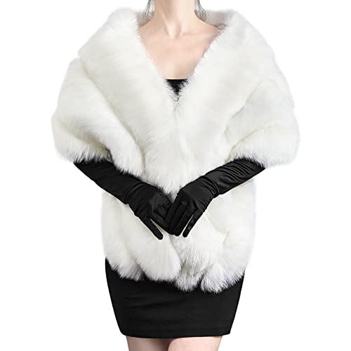 Zhanmai Winter Faux Fur Long Shawl Cloak Stretchy Satin Glove Opera Bridal Dance Gloves for Women Wedding Dress Party Coat (White)