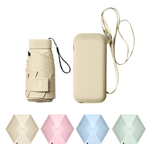 Dlin Small Mini Travel Sun Umbrella for Purse With Case, Compact UV Umbrella Protection, Lightweight & Portable parasol, Outdoor Sun&Rain Umbrellas for Women and Girls (Beige