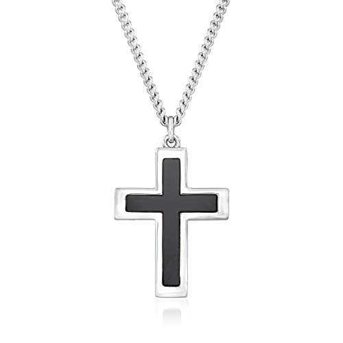 Ross-Simons Men's Black Onyx and Sterling Silver Cross Pendant Necklace. 24 inches