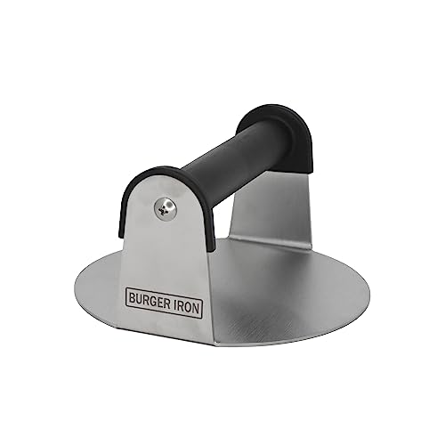 Burger Iron The Professional Grade Burger Smasher | Extra Wide 6' Round Flat Bottom Stainless Steel Smashed Burger Press for Griddle, Grill and Flat Top | The Original Grill Press