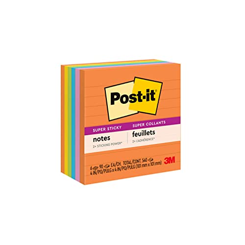 Post-it Super Sticky Recycled Notes, 4x4 in,2x the Sticking Power, Energy Boost Collection, 30% Recycled Paper (675-6SSUC), 6 Count (Pack of 1)