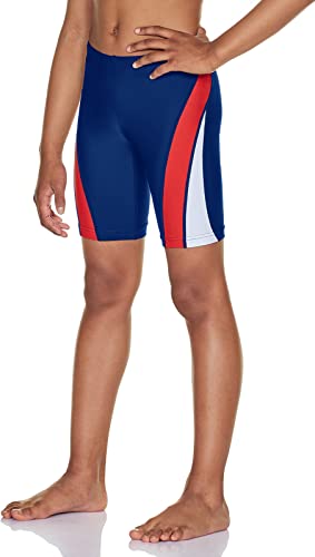 TSLA Boy's Swim Jammer, Youth Racing Competitive Swimming Shorts Trunks, UPF 50+ Sun Protection Endurance Training Swimsuit, Splice Navy & Red & White, 6