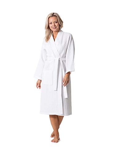 Turkish Linen Waffle Knit Lightweight Kimono Spa & Bath Robes for Women - Quick Dry - Soft (White, Large)