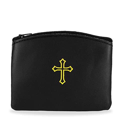 Genuine Leather Rosary Pouch with Zipper and Cross Imprint - Rosary Beads Holder Case for Men and Women