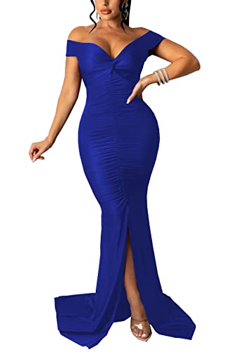 Women's Sexy Off Shoulder Dress High Split Long Formal Party Maxi Dresses Evening Gown Royal Blue