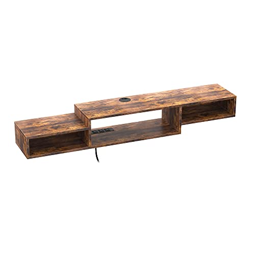 FABATO 59' Floating TV Stand with Power Outlet Wall Mounted Media Console Cabinet Shelf Under TV for Cable Box Audio Video Rustic