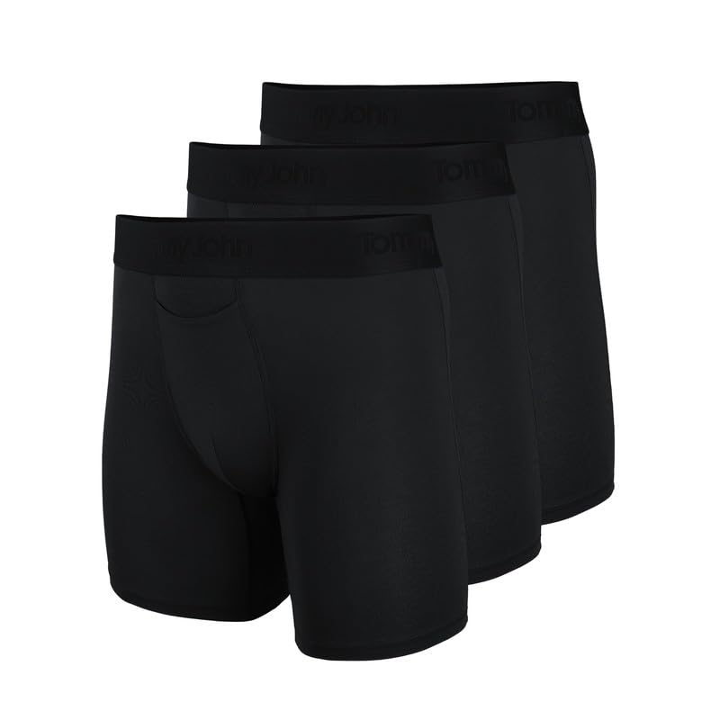 Tommy John Men's Second Skin Mid Length Boxer Briefs - 3 Pack - No Ride-Up Comfortable Breathable Underwear for Men (Black, X-Large)