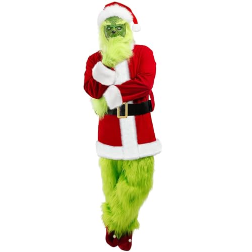 QwayHome Christmas Green Big Monster Costume for Adult, 7Pcs Deluxe Green Santa Cosplay Furry Suit with Mask for Men Women (L-XL)