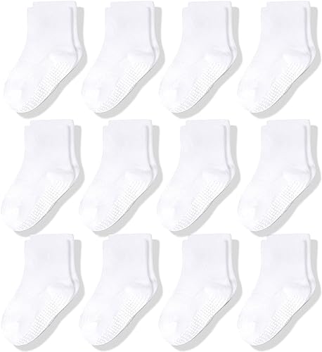 CozyWay Non-Slip Crew Grip Toddler Socks, 12 Pack for Boys & Girls, White, 1-3 Years Old