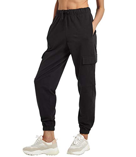 PULI Women Cargo Pants with Pockets Joggers Elastic Waisted Casual Sweatpants Gym Training Drawstring Black L