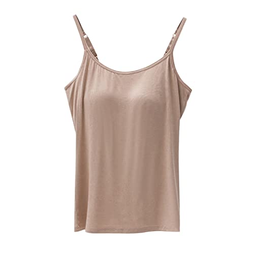 Womens Cotton Camisole Adjustable Strap Tank Tops with Built-in Bra Spaghetti Strap Tank Top Shelf Bra Sale Clearance A-Khaki