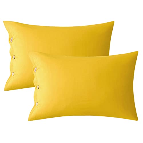 JELLYMONI Yellow 100% Washed Cotton Standard Pillowcases Set, 2 Pack Luxury Soft Breathable Pillow Covers with Button Closure(Pillows are not Included)