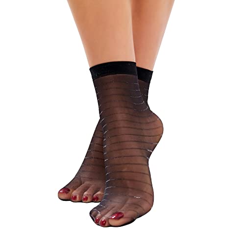 DAYMOD Women’s Black Ankle Socks in Patterned Fishnet and Vintage Sheer Lace 20 DEN (One-Size, Black Stripes)