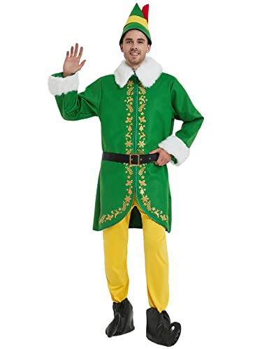 Wabolay Elf Costume Men Buddy Christmas Outfit Adult 5pcs Deluxe Suit Santa Couple Cosplay Holiday Halloween Xmas Party Full Set M