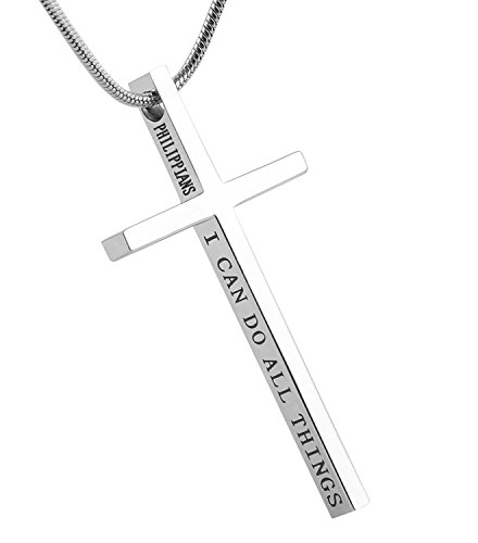 HZMAN Philippians 4:13 Cross Pendant Strength Bible Verse Stainless Steel Necklace (Silver)