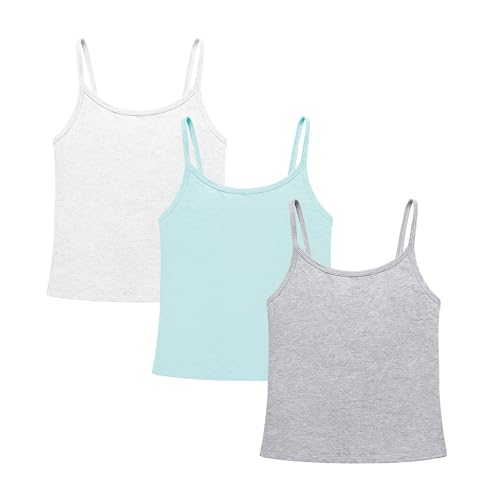 QBK Training Bras for Teens Girls from 6 7 8 9 10 12 Years Old Camisoles Bralette Bras with Shelf Bra (3Pack) （White Blue Grey,10-12）