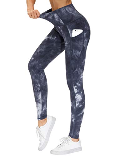 THE GYM PEOPLE Thick High Waist Yoga Pants with Pockets, Tummy Control Workout Running Yoga Leggings for Women (Large, Tie Dye Black Grey)