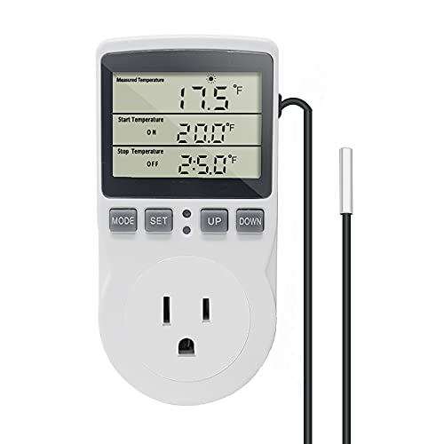 KETOTEK Digital Thermostat Plug Socket Temperature Controller Outlet 3m Probe 120V 15A 1800W C F Heating Cooling Control for Incubator Brewing Incubator Greenhouse Terrarium Heat Mat