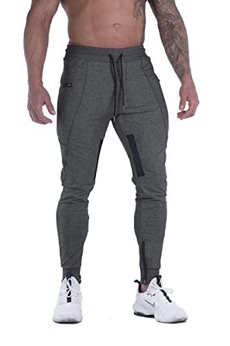 FIRSTGYM Mens Joggers Sweatpants Slim Fit Workout Training Thigh Mesh Gym Jogger Pants with Zipper Pockets Dark Grey