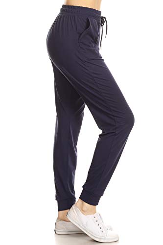 Leggings Depot Womens Relaxed fit Jogger Pants - Track Cuff Sweatpants with Pockets, Navy, X-Large