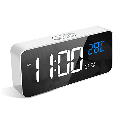 Digital Alarm Clock with Big LED Temperature Display, Bedside Clock with 13 Alarm Sounds, USB Charging Port, 4 Levels Adjustable Brightness Dimmer, Snooze, Portable Mirror Alarm with Dual Alarm
