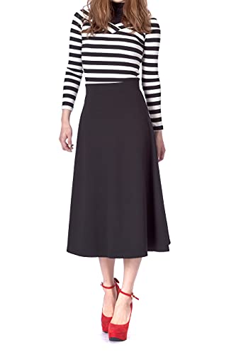 Dani's Choice Elastic Waist A-line Flared Long Skirt (S, Black)