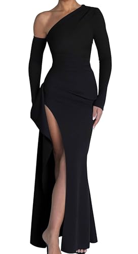 Memoriesea Women's One Shoulder Long Sleeve Sexy High Slit Wedding Guest Party Maxi Dress Black