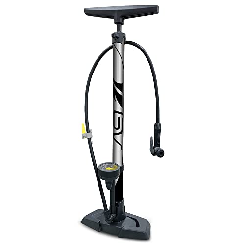 BV Bicycle Ergonomic Floor Pump with Gauge & Clever Air Valve, 160 psi, Reversible Presta and Schrader