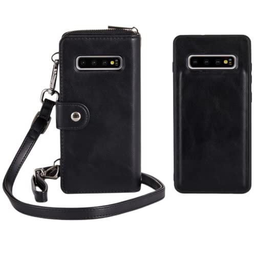 MODOS LOGICOS Crossbody Bag for Galaxy S10 Plus, Detachable Wallet Folio[Shoulder Wrist Straps][Zipper Storage][11 RFID Blocking Card Slots] PU Leather Purse with Removable Magnetic TPU Case - Black