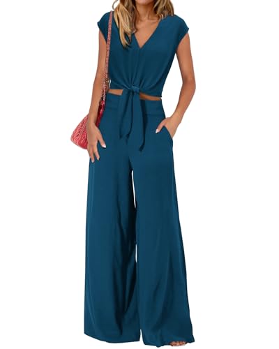 PRETTYGARDEN Two Piece Outfits For Women 2024 V Neck Cap Sleeve Strappy Crop Tops Loose Fit Wide Leg Pants Sets(Solid Teal,Medium)