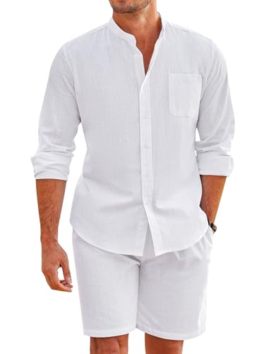 COOFANDY Mens White Beach Shirt And Shorts Casual Long Sleeve V-Neck Beach Shirt And Big And Tall Shorts For Men (White L