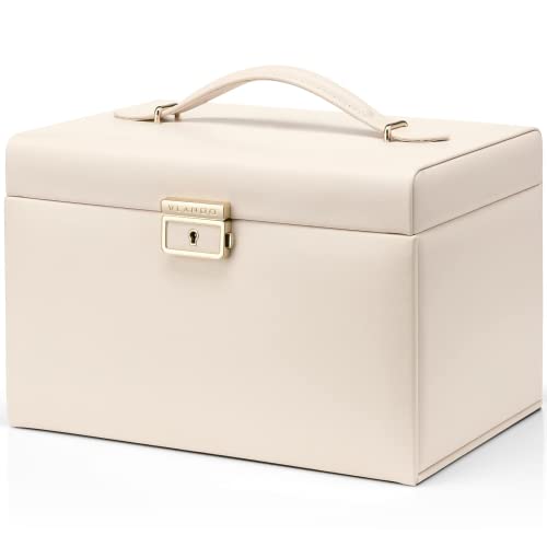 Vlando Velvet Jewelry Box for Women, Large Leather Jewelry Organizer Box with Locked, Mirrored, 3 Drawer for Necklace Ring Earring Organizer, Christmas Gift for Girl and Women - Apricot White