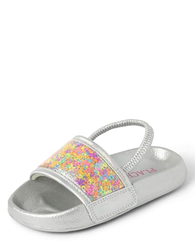 The Children's Place Baby Girls and Toddler Everyday Slide Sandals with Backstrap, Silver Shaker Stars, 8