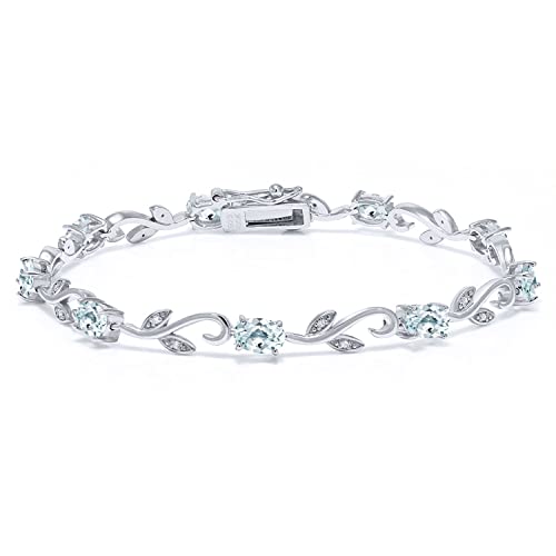 Gem Stone King 925 Sterling Silver Oval Sky Blue Aquamarine and Diamond Greek Vine Tennis Bracelet For Women (4.63 Cttw, Gemstone Birthstone, 7 Inch)