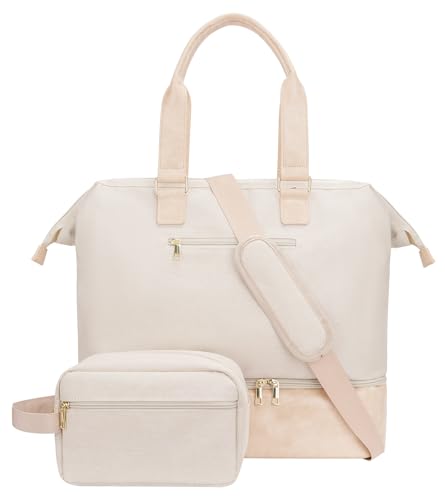 MINKARS Weekender Bag with Shoe Compartment Travel Tote Overnight Bag, Personal Item Bag for Airlines 17 Inch, Beige