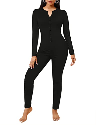 Ekouaer Bandage One Piece Pajama Romper Long Sleeve Jumpsuit Sleepwear For Women, Black, Large