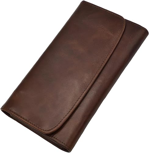 Genuine Leather Wallets for Women RFID Blocking Ladies Large Trifold Slim Clutch Brown Wallet for Women - 13 Card Slots, 4 Cash Slots - Fits iPhone 14 Pro Max, 7.5 x 4 inch