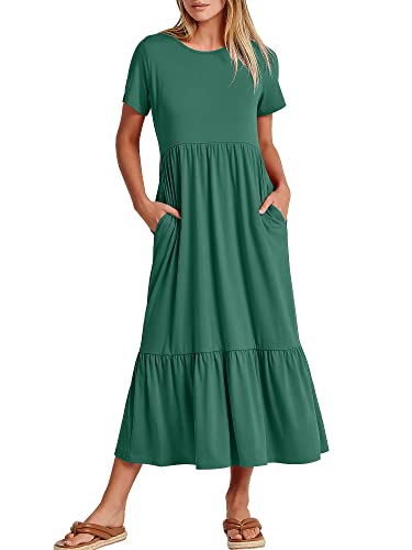ANRABESS Women's Summer Casual Short Sleeve Crewneck Loose Swing Dress Flowy Comfy Tiered Maxi Beach Dress 2024 Trendy Long Shirt Dresses with Pockets727caolv-XL Green