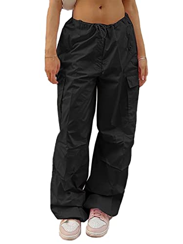 Xineicy Parachute Pants for Women Drawstring Baggy Cargo Pants Y2K Trouser Low Rised Jogger Sweatpants Loose Hip Hop A Black