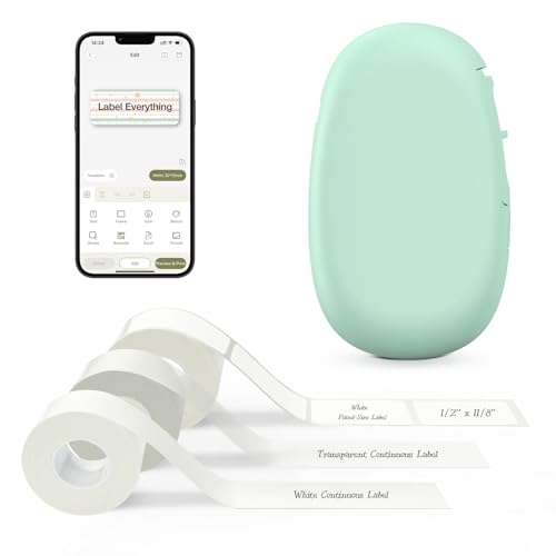 SUPVAN E10 Bluetooth Label Maker Machine with 3 Tapes, Continuous Waterproof Label, Versatile App with 35 Fonts and 1k+ Icons, Inkless Labeler for Home, Kitchen, School, Office Organization, Green
