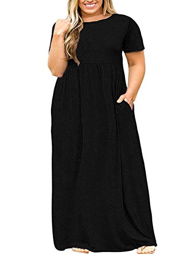 Kancystore Women's Plus Size Short Sleeve Maxi Dresses Long Swing Dresses with Pockets Black XXL
