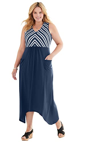 Woman Within Women's Plus Size Sleeveless V-Neckline Dress - 4X, Navy Stripe Blue