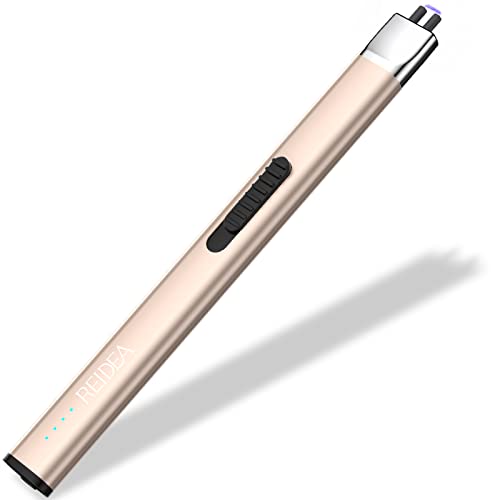 REIDEA Electric Lighter R1 Flat Candle Lighter, Windproof Flameless USB Rechargeable Arc Lighter with Safe Button and Power Indicator for Candle, BBQ and Fireworks, Champagne Gold