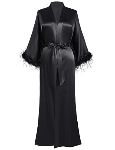 PRODESIGN Satin Kimono Robe Long Bath Robe with Ostrich Feather Trim Sleepwear Wedding Bridesmaid Robe