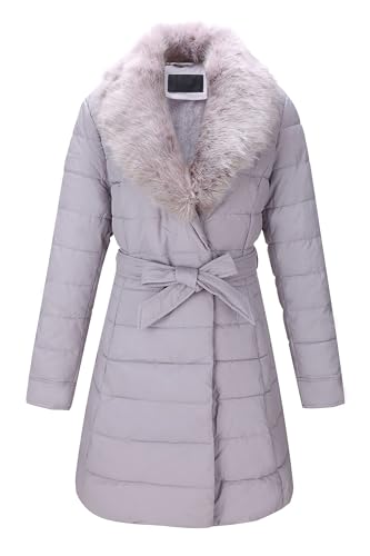 Bellivera Women Faux Leather Puffer Padded Jacket Bubble Fleece-Lined Coat with Removable Fur Collar 5527 Gray XL