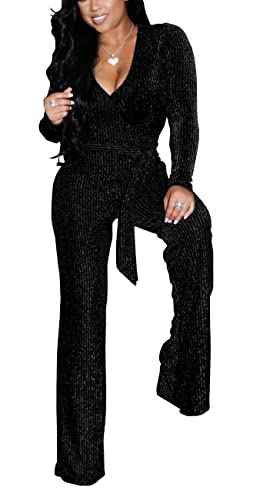 BessCops Women's Sexy Sparkly Jumpsuits Clubwear One Piece Long Sleeve V Neck Wide Leg Pant With Belt Black