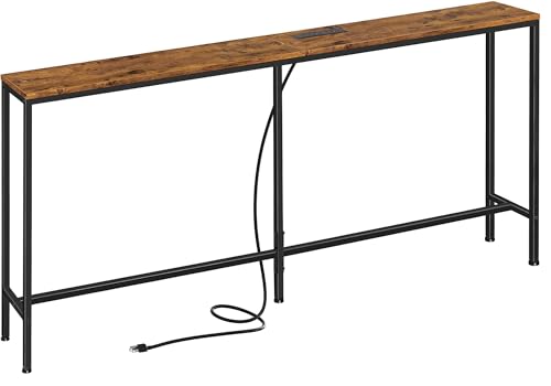 SUPERJARE 70 Inch Console Table with Outlet, Sofa Table with Charging Station, Narrow Entryway Table, Skinny Hallway Table, Behind Couch Table, for Living Room, Rustic Brown