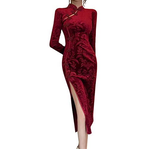 Women's Sexy High Slit Cheongsam Midi Dress Elegant Velvet Mandarin Collar Chinese Qipao Party Dress (Large, 1163# Wine Red)