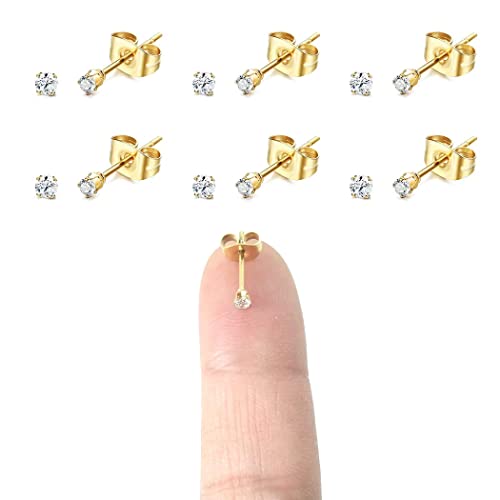 6 Pairs 14K Gold Plated 316L Surgical Steel Cartilage Piercing Tiny Stud Earrings 20G, Style Cubic Zirconia Color Gold Diameter 2mm (2MM, Gold)